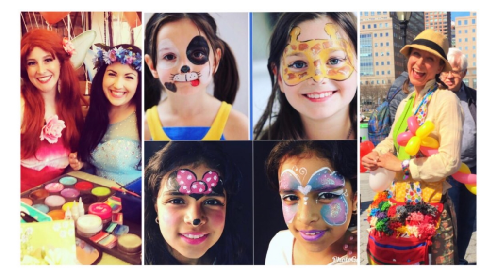 Photo examples of NYC kids party event entertainment packages, childrens face painting, balloon artist and princesses, princess face painters Manhattan birthday parties and corporate events 
