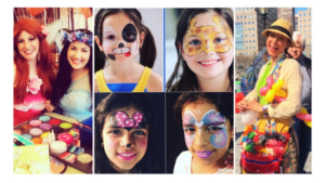 Photo examples of party event entertainment packages, face painting, balloon artist and princesses, princess face painters
